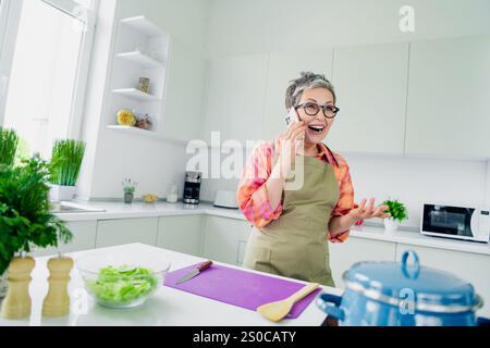 A cheerful elderly woman enjoys a leisurely day in her kitchen, cooking while chatting on the phone. Her bright smile enhances the cozy atmosphere. Stock Photo