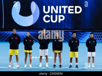 Perth, Australia. 27th Dec, 2024. Members of Team China line up before the Group E round robin match between China and Brazil at the 2025 United Cup tennis tournament in Perth, Australia, Dec. 27, 2024. Credit: Ma Ping/Xinhua/Alamy Live News Stock Photo