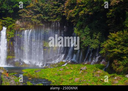 Shiraito Falls is one of the most beautiful waterfalls in Japan. The water flows from the melting snow on Mt. Fuji, Most beautiful in late November Stock Photo