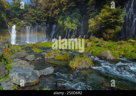 Shiraito Falls is one of the most beautiful waterfalls in Japan. The water flows from the melting snow on Mt. Fuji, Most beautiful in late November Stock Photo