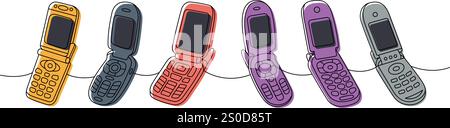 Retro phones one line colored continuous drawing. Set of flip mobile phones. Vector linear illustration. Stock Vector