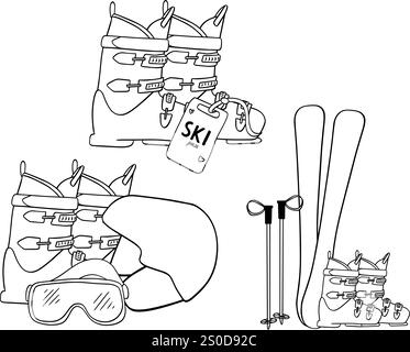 Snow Skiing Equipment Icon Vector Design. graphic line set on transparent background Stock Vector