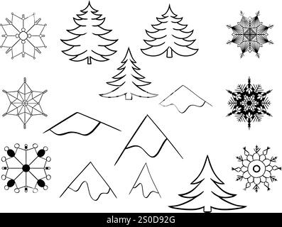 Mountains, pine trees, snowflakes in graphic line style vector set outline icon set. icon vector collection. isolated on transparent background Stock Vector