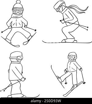 Hand drawn graphic line drawings set of skiing illustrations with skiers in action with dynamic poses, highlighting winter sports and movement. Vector Stock Vector