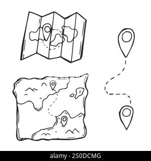 Hand-drawn set of map pins. Isolated objects on a white background. Vector cartoon doodles. Flags, pins and markers for designation of a location. Stock Vector