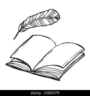 Sketch style quill and inkwell with book Stock Vector