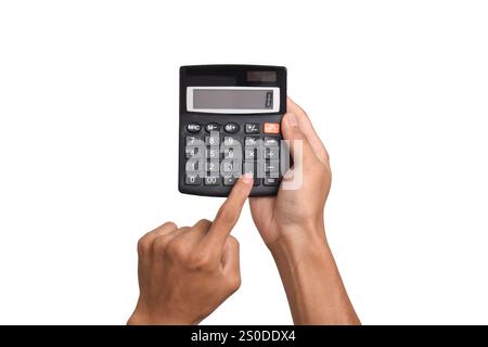 Hands holding and using a calculator isolated on a white background Stock Photo