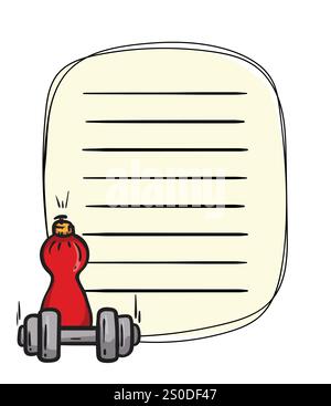Bright vector notepad page template with dumbbells and bottle of water. Hand drawn page layout for notes, sports  Stock Vector
