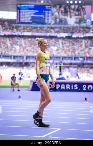 Eleanor Patterson participating in the high jump at the Paris 2024 Olympic Games. Stock Photo