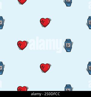 Bright seamless pattern with heart rate and fitness bracelet. Vector editable background for sport, fitness, gym Stock Vector