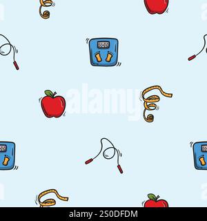 Bright seamless pattern with scales, measuring tape, skipping rope and apple. Vector editable background for sport, gym Stock Vector