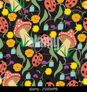 Summer seamless pattern with mushrooms flowers and ladybugs; flat design, hand draw Stock Vector