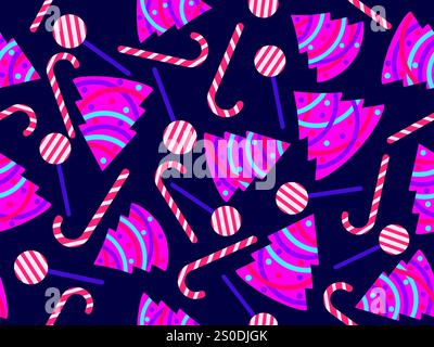 Seamless pattern with decorated Christmas trees and candy canes. Christmas tree decorated with garland, Christmas balls and festive sweets Stock Vector