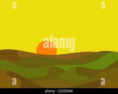 Sunset over green hills. Sun above the horizon of a wavy landscape with green hills and meadows in a minimalist style. Design for covers, wrappers, ba Stock Vector