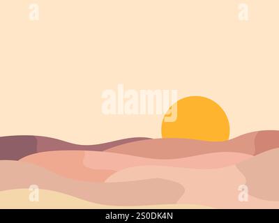 Mountain landscape in a minimalist style, rocks and canyons. Wavy landscape with the sun on the horizon. Boho decor for print, poster and interior des Stock Vector