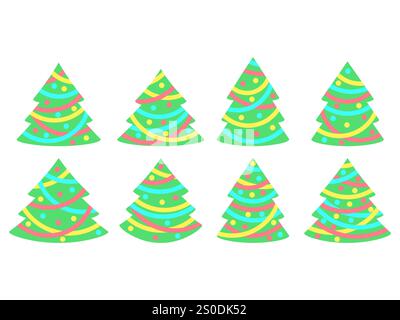 Decorated Christmas trees icon set isolated on white background. Decorated Christmas trees with garland and balls in minimalist style. Symbol of Chris Stock Vector