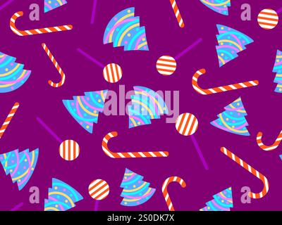 Seamless pattern with decorated Christmas trees and candy canes. Christmas tree decorated with garland, Christmas balls and festive sweets and lollipo Stock Vector