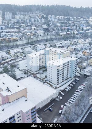 Bird's eye view of blocks of flats in a snowy town, Nagold, Black Forest, Germany, Europe Stock Photo