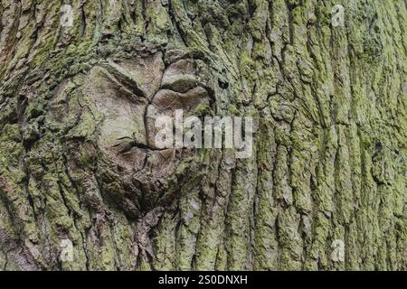 Close-up of a tree bark with moss growth in natural green tones, tree face, face-like structure, Hesse, Germany, Europe Stock Photo