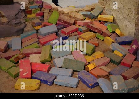 MAUSA VAUBAN, Museum of Urban Art and Street Art, Neuf-Brisach Fortress, France, Europe, Colourful stones and blocks scattered on the floor of a negle Stock Photo