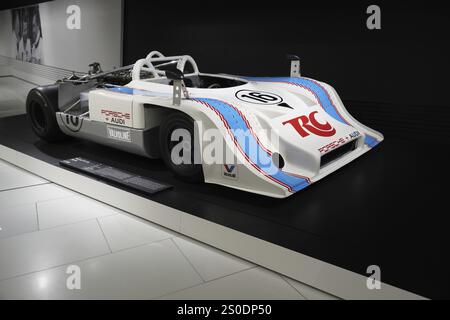 Porsche 917 10 Spyder, historic racing car with retro paintwork in the exhibition hall, New Porsche Museum 2009, Stuttgart, Baden-Wuerttemberg, German Stock Photo