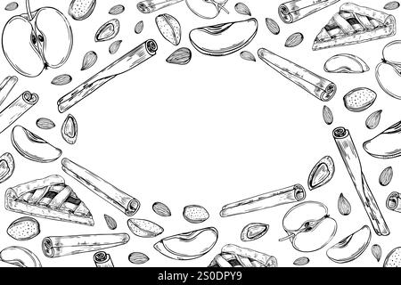 Almond, apple slice, cinnamon sticks and fruit pie slice horizontal frame with empty space. Aromatic seasoning with fresh fruits, nuts monochrome Stock Vector