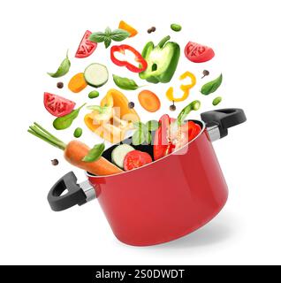 Vegetables for soup and pot in air on white background Stock Photo