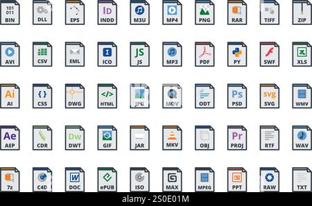 Files types icons High-Quality Vector Icons Collection with Editable Stroke. Ideal for Professional and Creative Projects. Stock Vector
