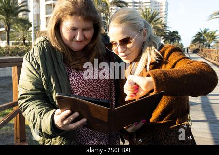 Two happy women are standing on a wooden boardwalk, smiling as they look at a tablet together. Stock Photo