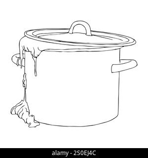 A saucepan from which dough runs away in doodle style. Vector illustration isolated on white background. Stock Vector