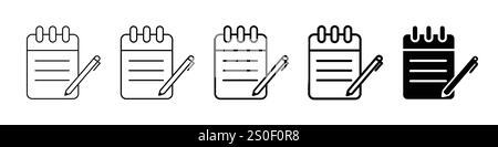Set of 5 Notepad icon - 1 Silhouette - 1 unexpanded vector - Line art icon for composing messages, suitable for apps and websites Stock Vector