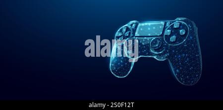 Gaming controller, glowing blue lowpoly wireframe joystick on a dark background. Vector illustration design concept for game development technology Stock Vector