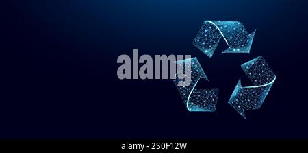 Recycling sign, glowing blue lowpoly wireframe on a dark background. Vector illustration design concept of Environment day. Stock Vector