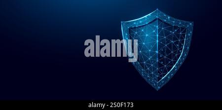Guard shield. Cyber security concept with glowing low poly shield on dark blue background. Wireframe low poly design. Abstract futuristic vector Stock Vector