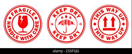 Fragile round circle stamp sticker icon symbol set. Handle with care logo sign. Keep dry, This way up. Vector illustration image. Isolated on white ba Stock Vector