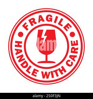 Fragile round circle stamp sticker icon symbol set. Handle with care logo sign. Keep dry, This way up. Vector illustration image. Isolated on white ba Stock Vector
