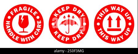 Fragile round circle stamp sticker icon symbol set. Handle with care logo sign. Keep dry, This way up. Vector illustration image. Isolated on white ba Stock Vector