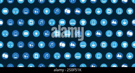 Lots of Simple Blue Retro Style Round Technology Icons Pattern on Dark Blue Background - Design Set, Seamless Texture for IT, IoT, Web and Technology Stock Vector