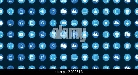 Lots of Simple Blue Retro Style Round Technology Icons Pattern on Dark Blue Background - Design Set, Seamless Texture for IT, IoT, Web and Technology Stock Vector
