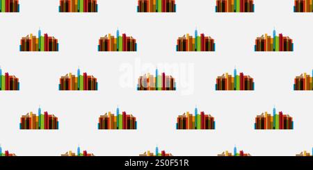 Rows of Colorful Retro Style Cityscape Pictograms - Buildings, Skyscrapers Pattern, Design on Grey Background, Seamless Texture for Web, Business and Stock Vector