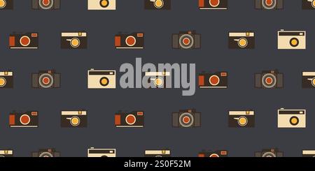 Set of Many Various Retro Style Cameras Pattern on Dark Brown Background for Wallpaper, Wrapper, Placard, Poster, Cover Designs - Illustration in Edit Stock Vector