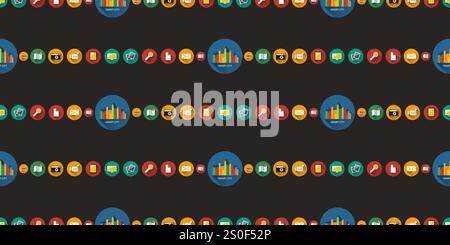 Rows of Colorful Retro Style Round Technology Icons Pattern on Dark Background - Design Set, Seamless Texture for IT, IoT, Web and Technology - Templa Stock Vector