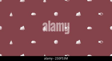 Rows of White Pine Trees, Fishes, Suns and Clouds on Brown Background, Seamless Texture for Web, Business and Wrapping Paper - Template in Editable Ve Stock Vector