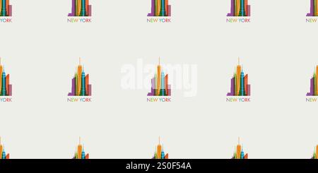 Many Rows of Colorful Retro Style New York Cityscape Pictograms - Buildings, Skyscrapers Pattern, Design on Light Wide Scale Background, Seamless Text Stock Vector