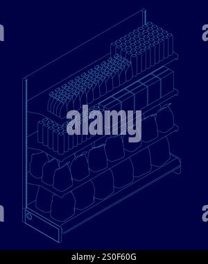 Blue drawing of a store shelf with many items on it. The shelf is filled with various items such as bottles, bags, and boxes. Concept of abundance and Stock Vector