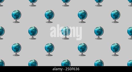 Lots of Blue Earth Globes on Stand Pattern, Seamless Texture on Grey Background - Template in Editable Vector Format Stock Vector
