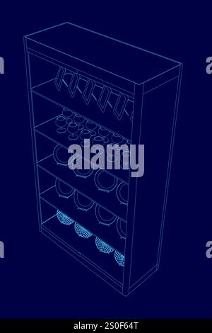 Blue 3D image of a wine rack with many wine glasses on it. The wine glasses are arranged in rows and are of various sizes. Concept of organization and Stock Vector