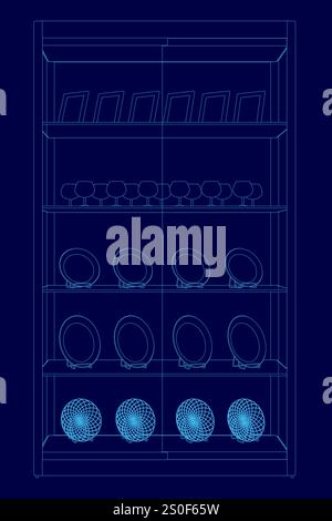 Blue image of a wine rack with a clock on the top shelf. The wine rack is full of wine glasses and plates Stock Vector