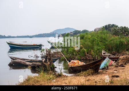 Lake Victoria, Tanzania - July 30, 2024. Fishing activities on the shores of Lake Victoria. This lake, the largest in africa once had a flourising eco system that is now endangered by the invasive Nile Bass. People in the communities now struggle to make a living. Stock Photo