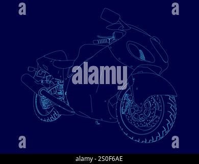 Blue drawing of a motorcycle. The motorcycle is shown in a stylized way, with the frame emphasizing the curves and lines of the bike. Scene is sleek a Stock Vector